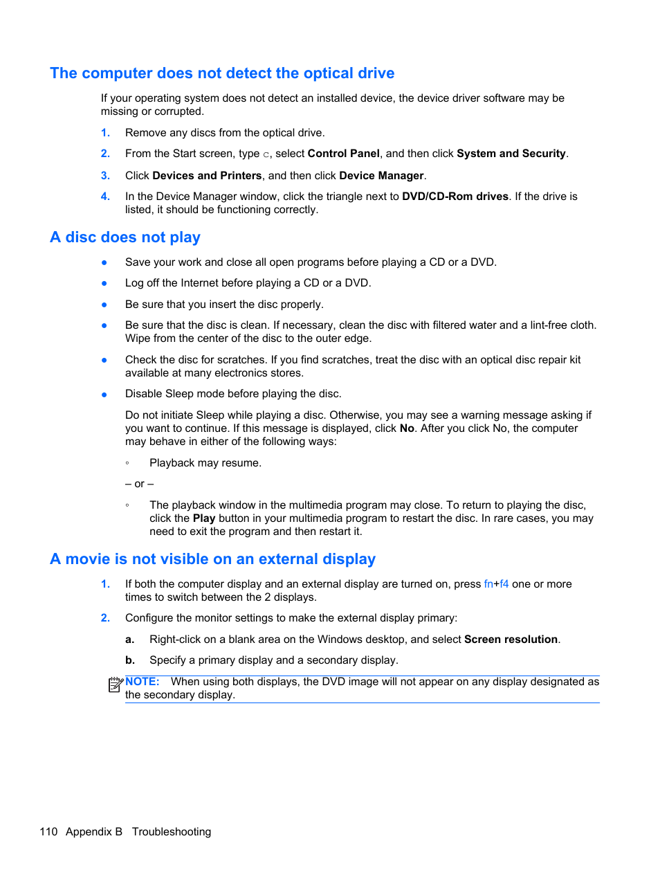 The computer does not detect the optical drive, A disc does not play, A movie is not visible on an external display | HP EliteBook 8470p Notebook PC User Manual | Page 120 / 126