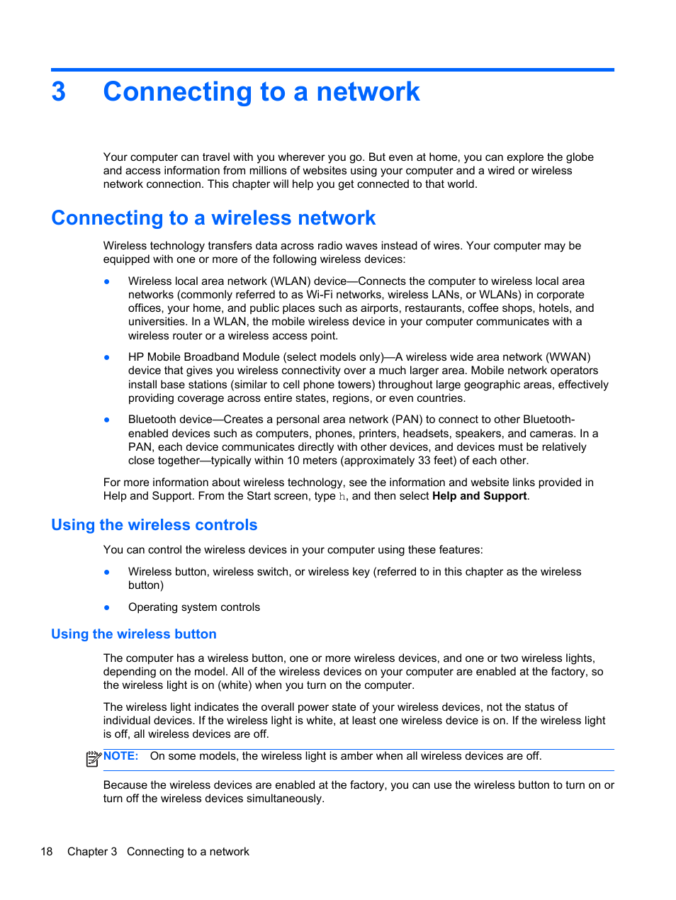 Connecting to a network, Connecting to a wireless network, Using the wireless controls | Using the wireless button, 3 connecting to a network, 3connecting to a network | HP EliteBook 8470p Notebook PC User Manual | Page 28 / 126