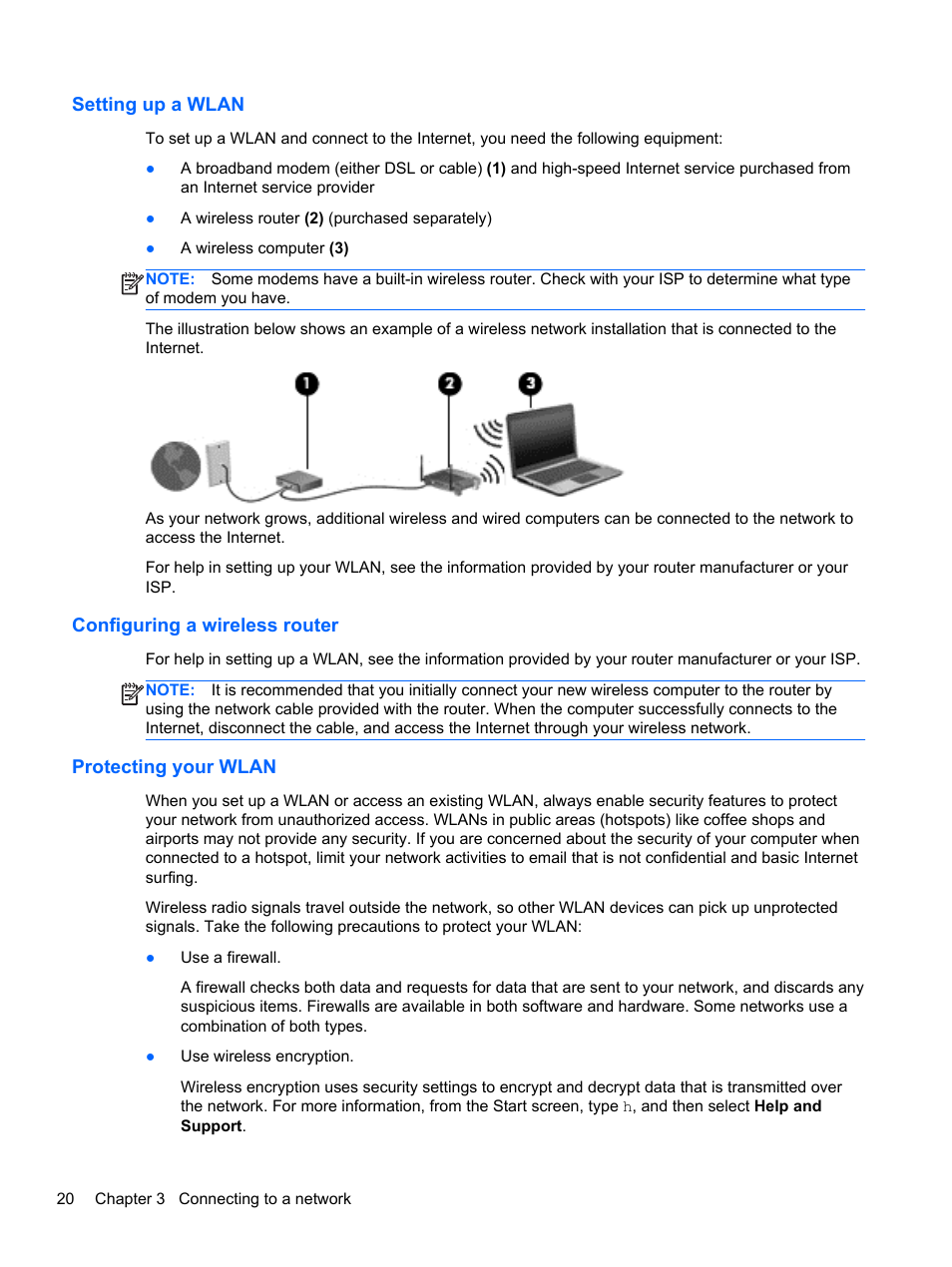 Setting up a wlan, Configuring a wireless router, Protecting your wlan | HP EliteBook 8470p Notebook PC User Manual | Page 30 / 126