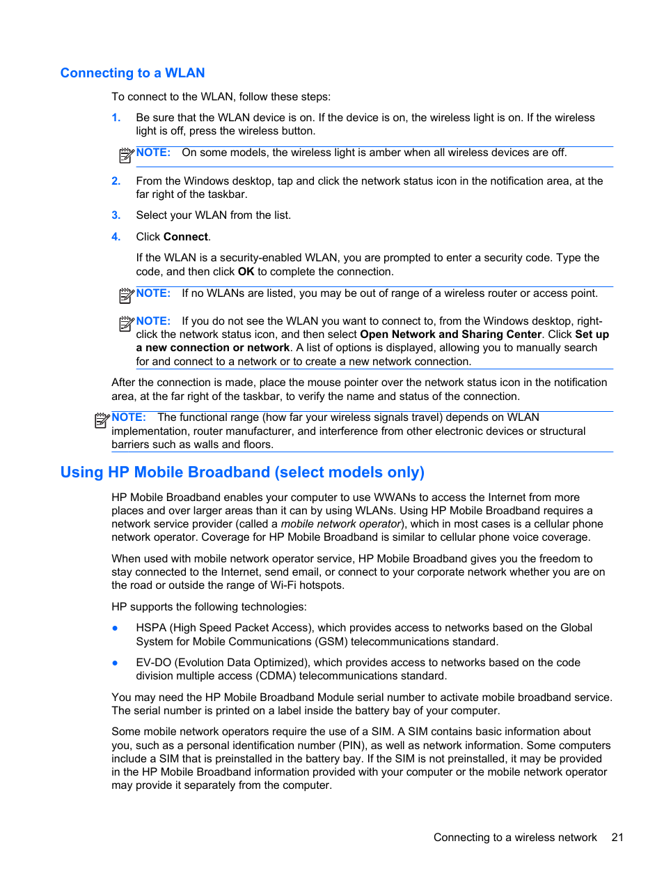 Connecting to a wlan, Using hp mobile broadband (select models only) | HP EliteBook 8470p Notebook PC User Manual | Page 31 / 126