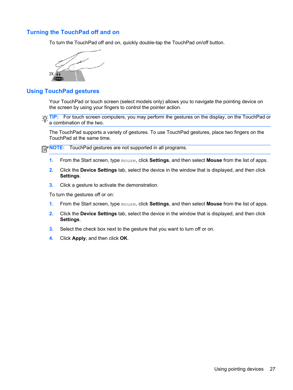 Turning the touchpad off and on, Using touchpad gestures | HP EliteBook 8470p Notebook PC User Manual | Page 37 / 126