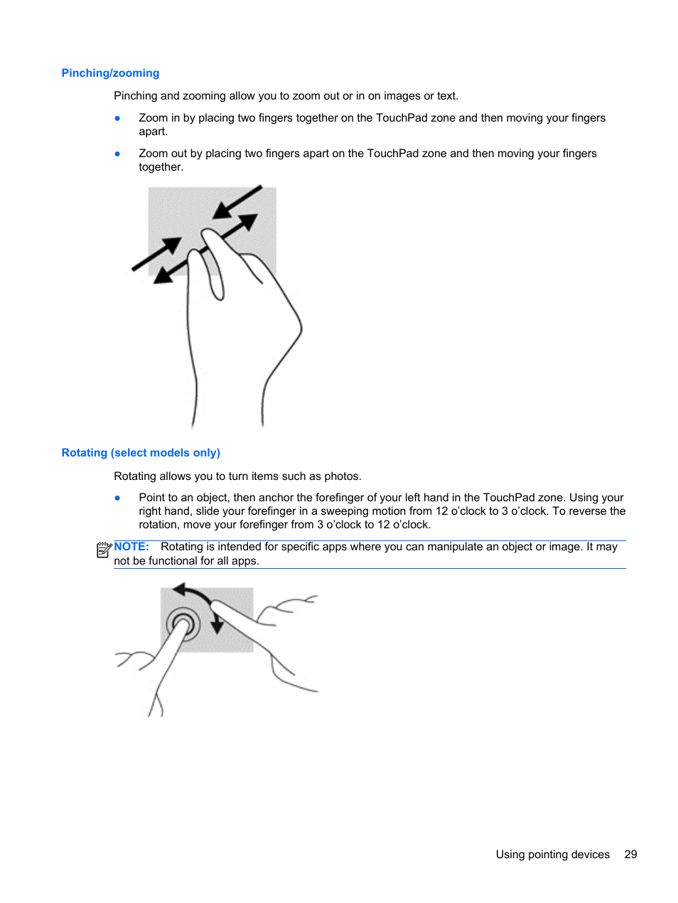 Pinching/zooming, Rotating (select models only), Pinching/zooming rotating (select models only) | HP EliteBook 8470p Notebook PC User Manual | Page 39 / 126