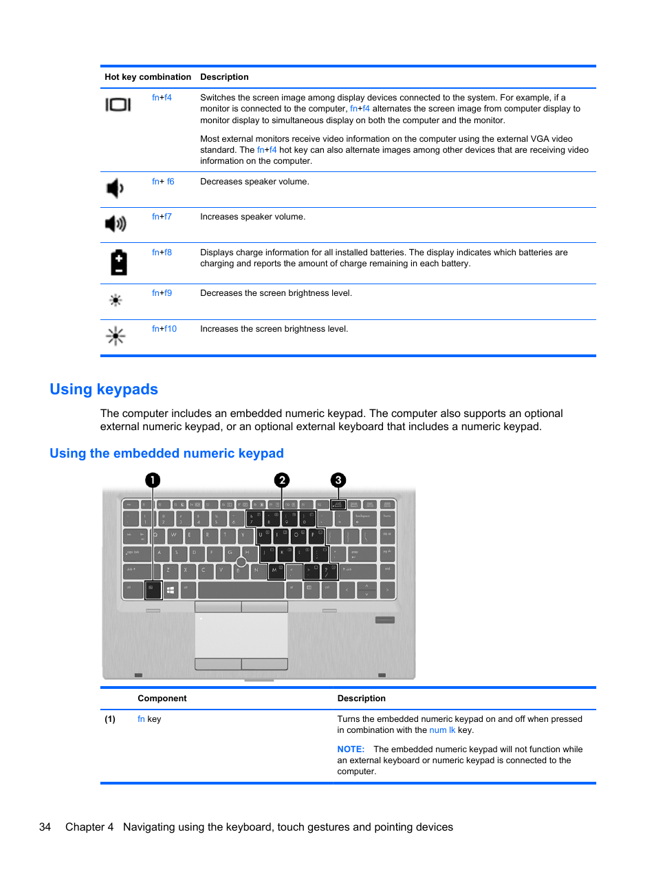 Using keypads, Using the embedded numeric keypad | HP EliteBook 8470p Notebook PC User Manual | Page 44 / 126
