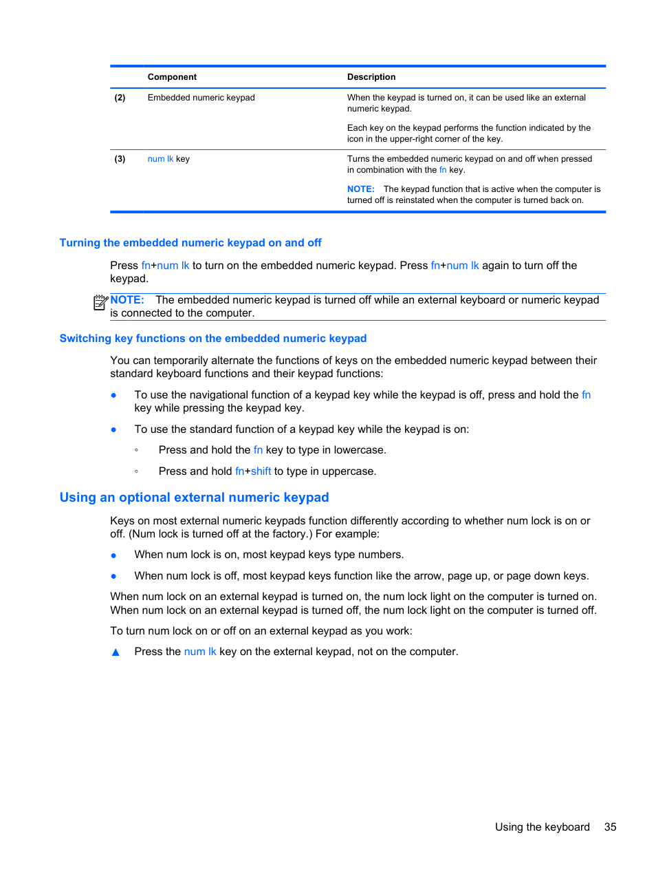 Turning the embedded numeric keypad on and off, Using an optional external numeric keypad | HP EliteBook 8470p Notebook PC User Manual | Page 45 / 126