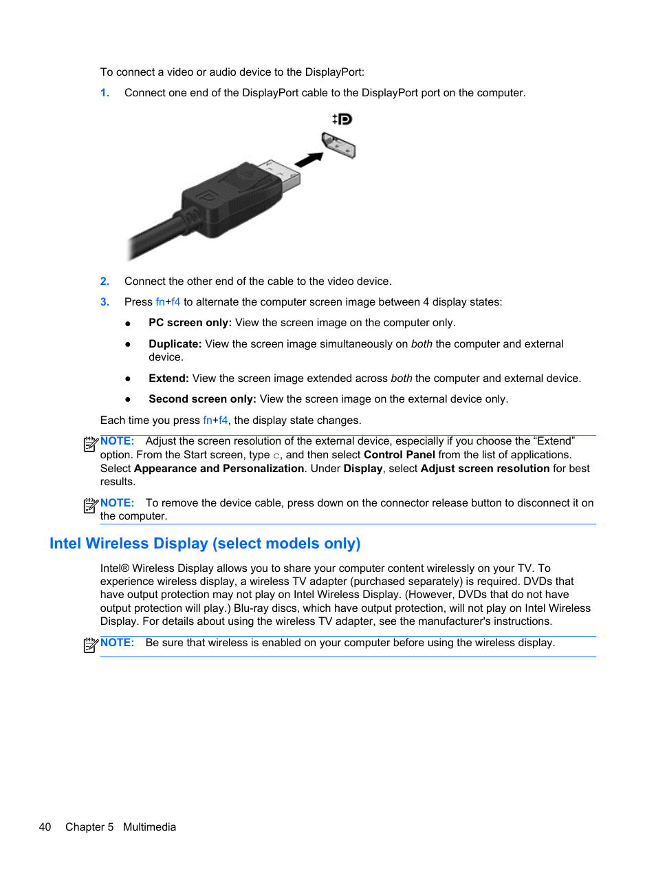 Intel wireless display (select models only) | HP EliteBook 8470p Notebook PC User Manual | Page 50 / 126
