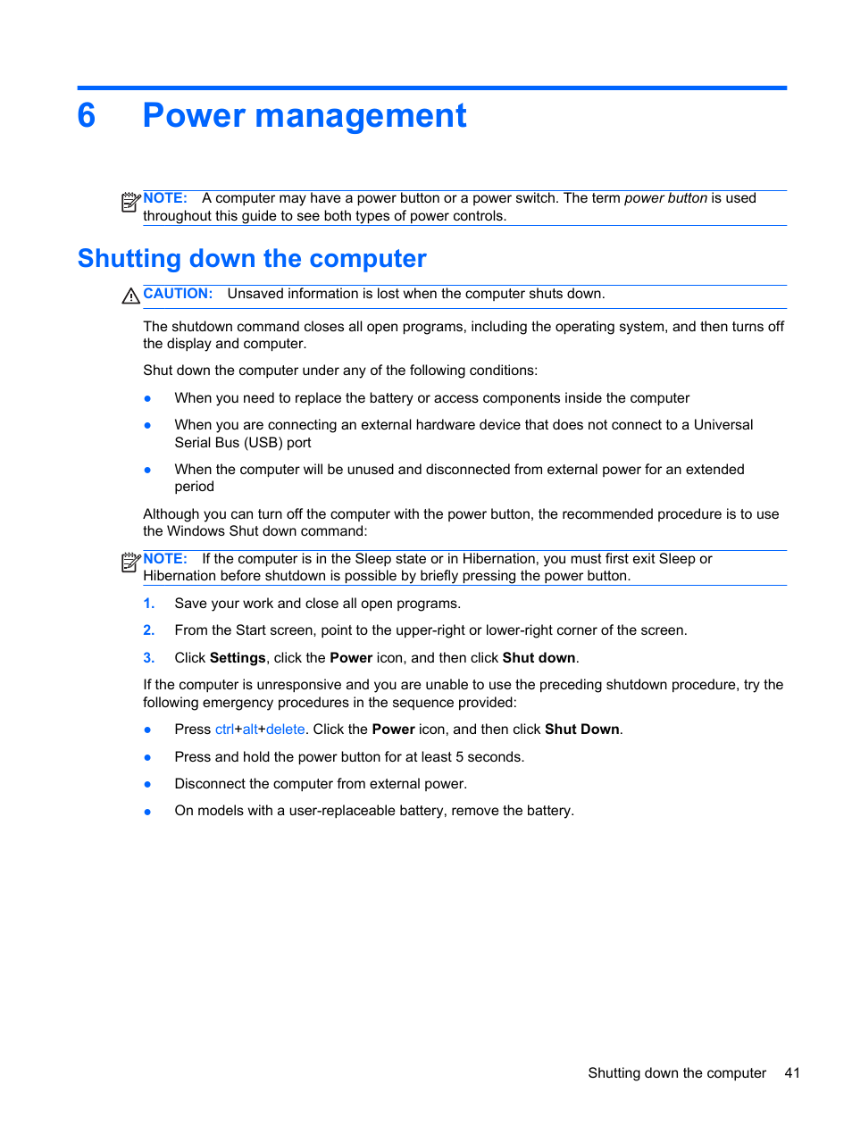 Power management, Shutting down the computer, 6 power management | 6power management | HP EliteBook 8470p Notebook PC User Manual | Page 51 / 126