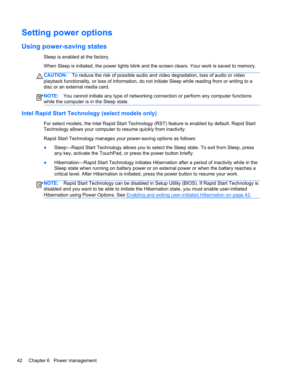 Setting power options, Using power-saving states, Intel rapid start technology (select models only) | HP EliteBook 8470p Notebook PC User Manual | Page 52 / 126