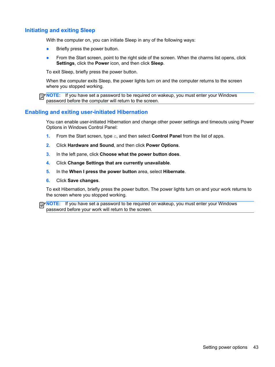Initiating and exiting sleep, Enabling and exiting user-initiated hibernation | HP EliteBook 8470p Notebook PC User Manual | Page 53 / 126