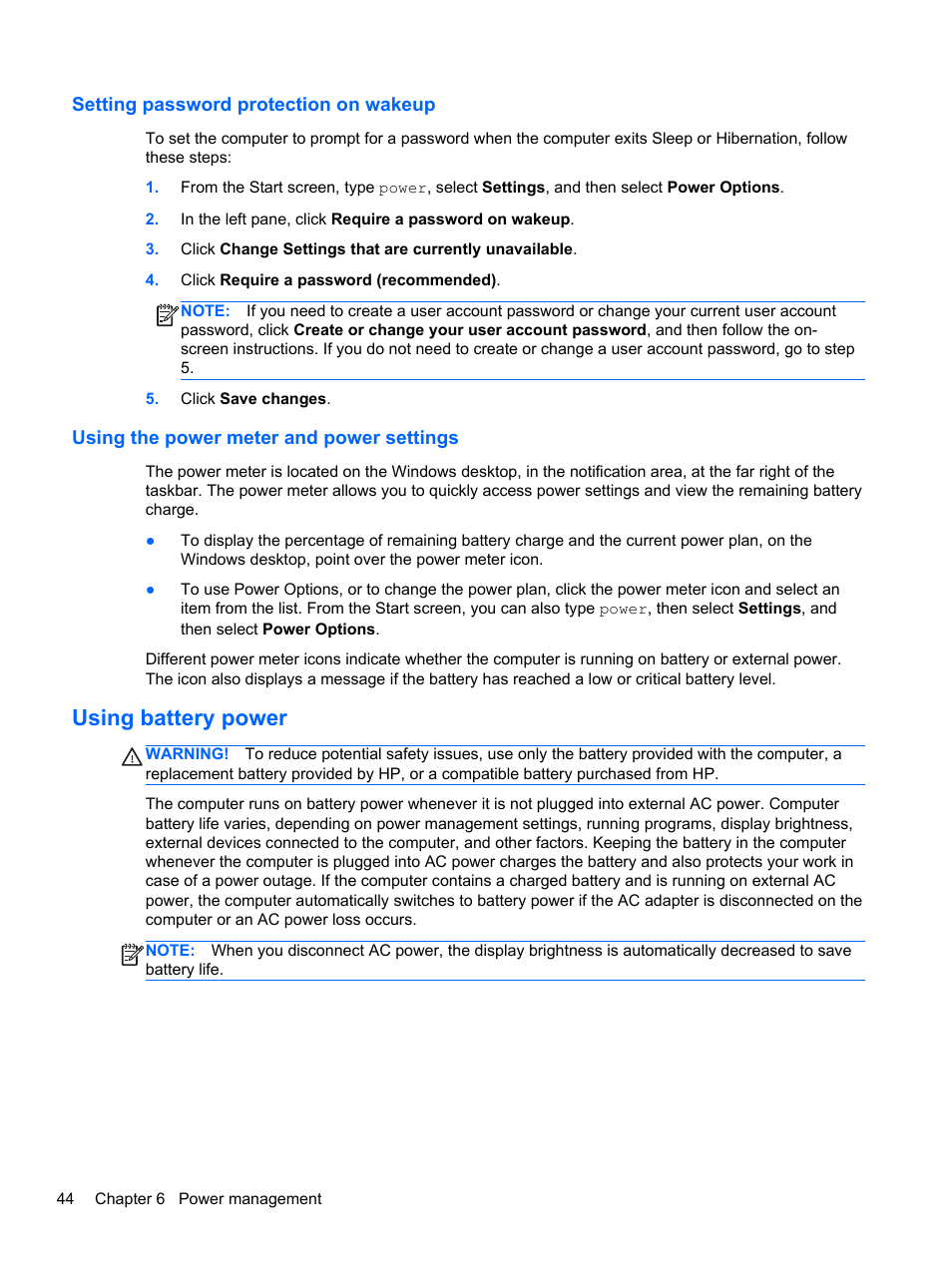 Setting password protection on wakeup, Using the power meter and power settings, Using battery power | HP EliteBook 8470p Notebook PC User Manual | Page 54 / 126