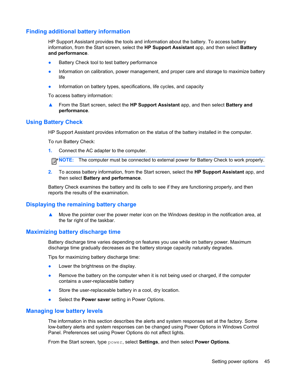 Finding additional battery information, Using battery check, Displaying the remaining battery charge | Maximizing battery discharge time, Managing low battery levels | HP EliteBook 8470p Notebook PC User Manual | Page 55 / 126