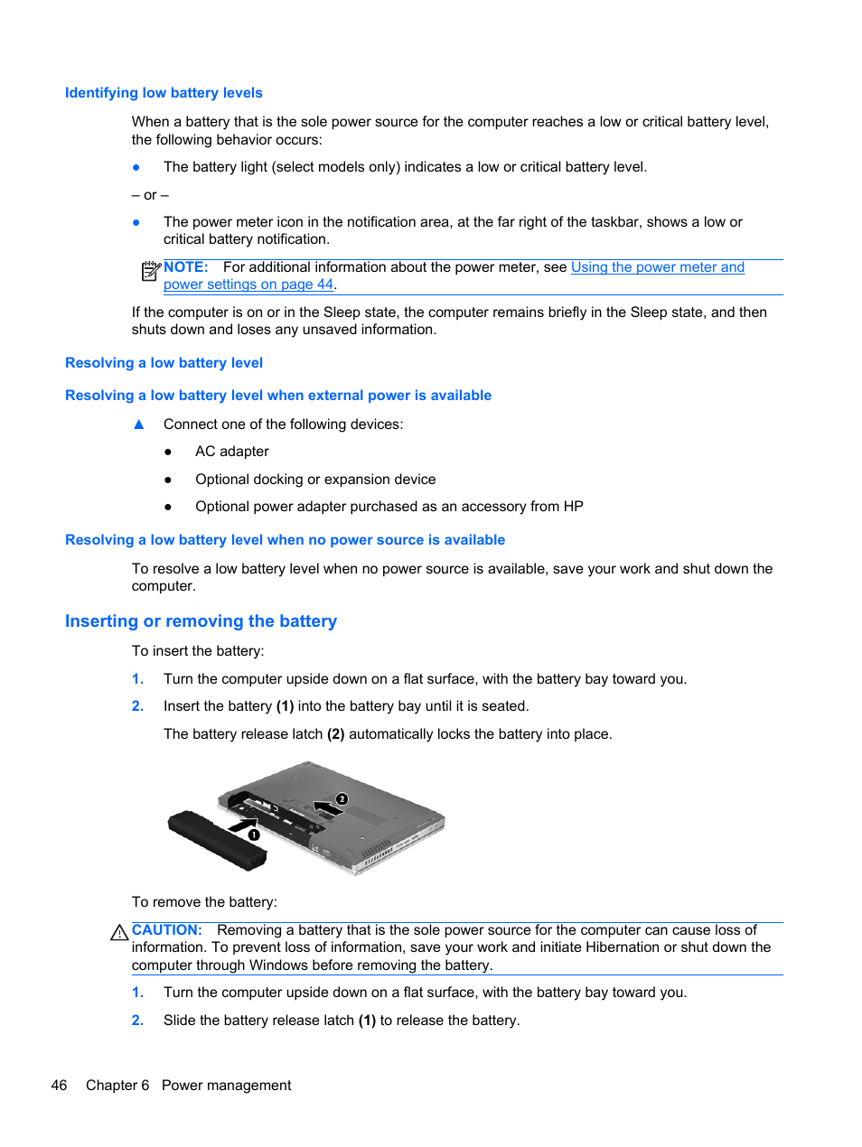 Identifying low battery levels, Resolving a low battery level, Inserting or removing the battery | HP EliteBook 8470p Notebook PC User Manual | Page 56 / 126