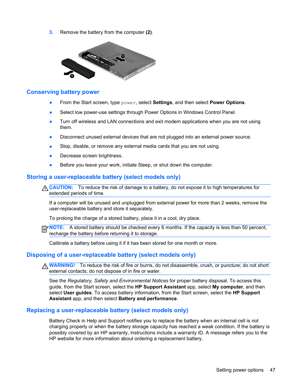 Conserving battery power | HP EliteBook 8470p Notebook PC User Manual | Page 57 / 126