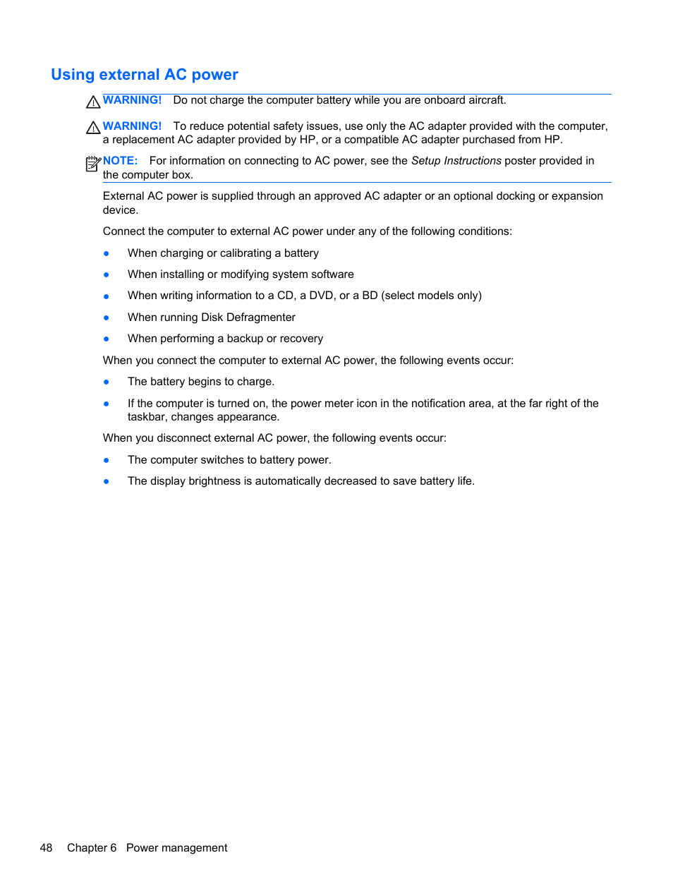 Using external ac power | HP EliteBook 8470p Notebook PC User Manual | Page 58 / 126