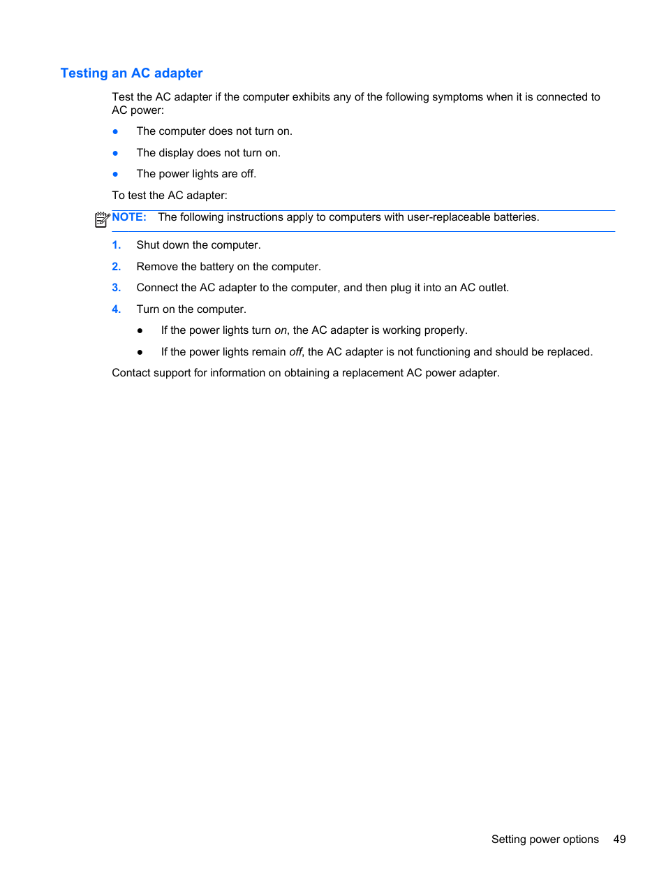Testing an ac adapter | HP EliteBook 8470p Notebook PC User Manual | Page 59 / 126