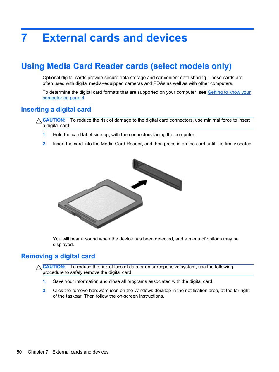 External cards and devices, Using media card reader cards (select models only), Inserting a digital card | Removing a digital card, 7 external cards and devices, Inserting a digital card removing a digital card, 7external cards and devices | HP EliteBook 8470p Notebook PC User Manual | Page 60 / 126