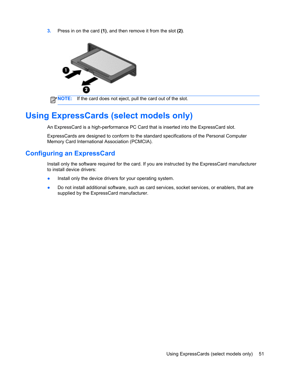 Using expresscards (select models only), Configuring an expresscard | HP EliteBook 8470p Notebook PC User Manual | Page 61 / 126
