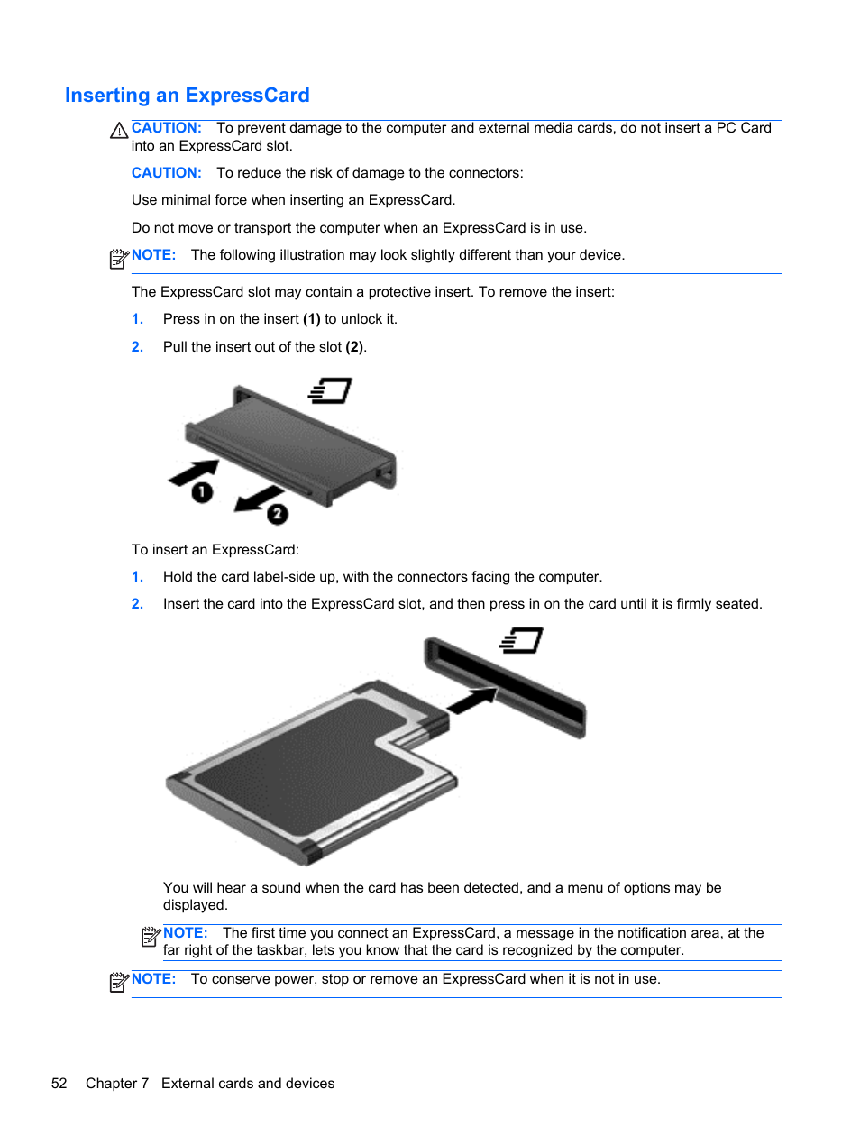 Inserting an expresscard | HP EliteBook 8470p Notebook PC User Manual | Page 62 / 126