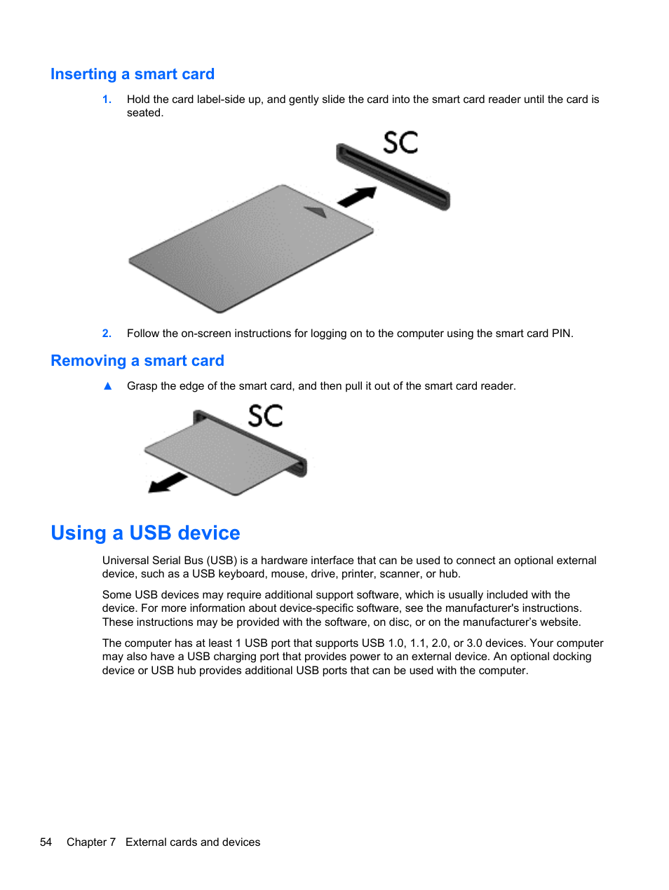 Inserting a smart card, Removing a smart card, Using a usb device | Inserting a smart card removing a smart card | HP EliteBook 8470p Notebook PC User Manual | Page 64 / 126