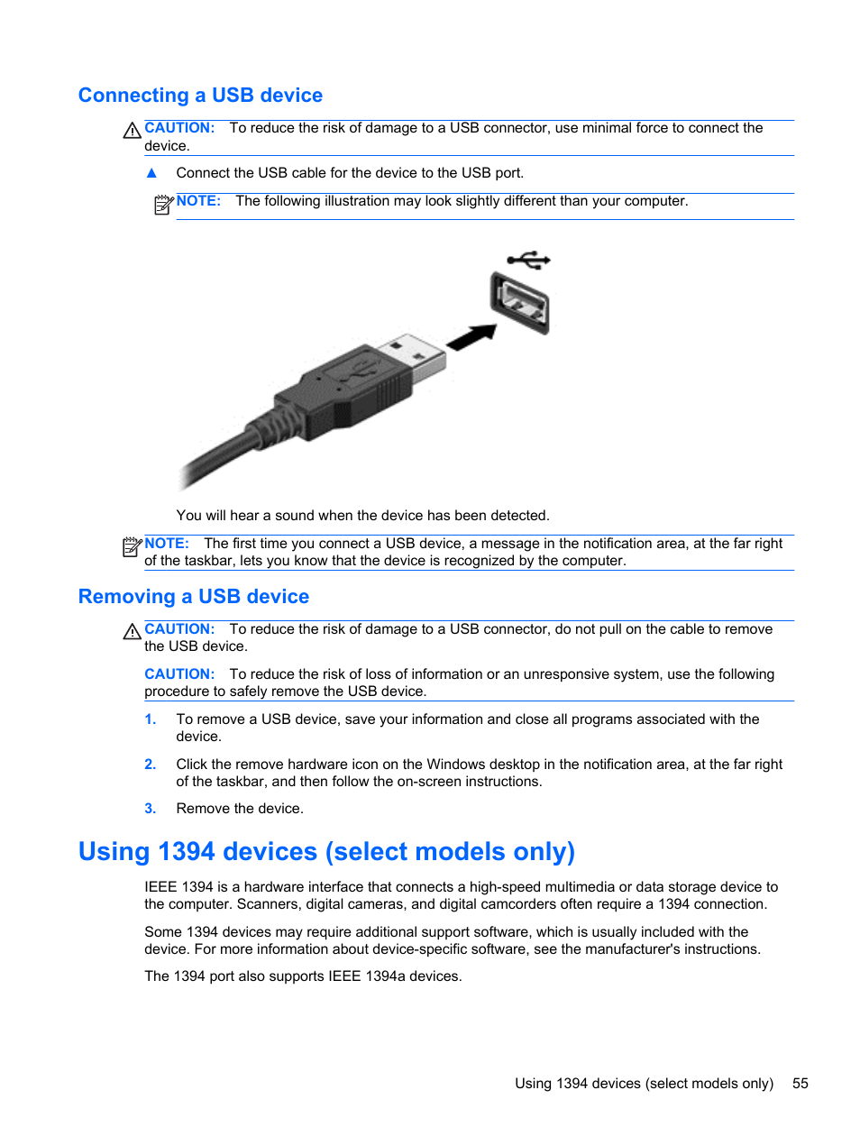 Connecting a usb device, Removing a usb device, Using 1394 devices (select models only) | Connecting a usb device removing a usb device | HP EliteBook 8470p Notebook PC User Manual | Page 65 / 126