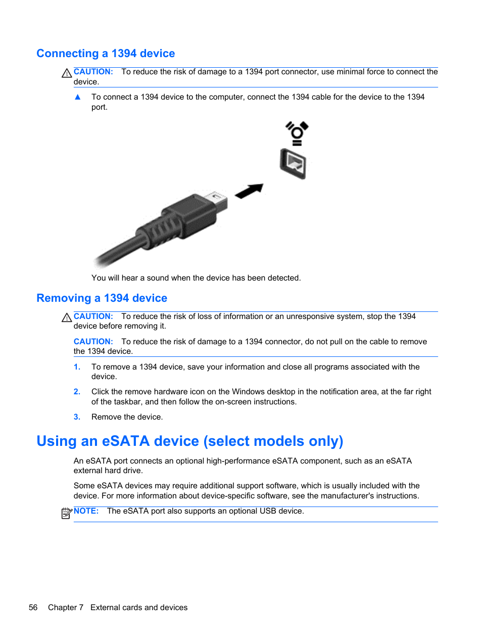 Connecting a 1394 device, Removing a 1394 device, Using an esata device (select models only) | HP EliteBook 8470p Notebook PC User Manual | Page 66 / 126