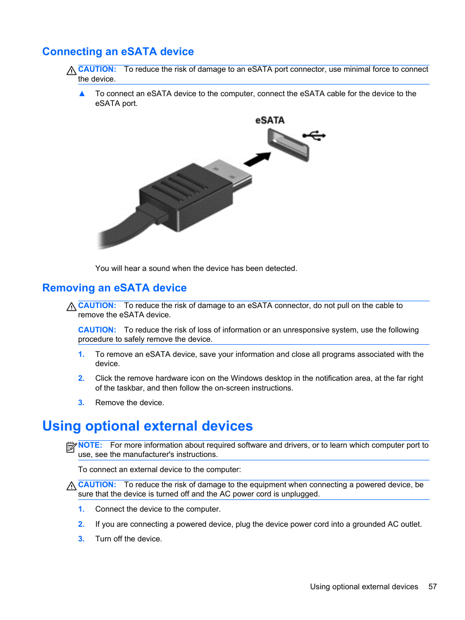 Connecting an esata device, Removing an esata device, Using optional external devices | HP EliteBook 8470p Notebook PC User Manual | Page 67 / 126