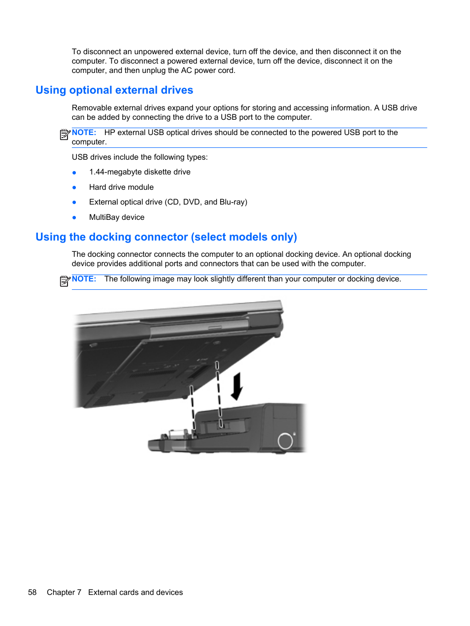 Using optional external drives, Using the docking connector (select models only) | HP EliteBook 8470p Notebook PC User Manual | Page 68 / 126