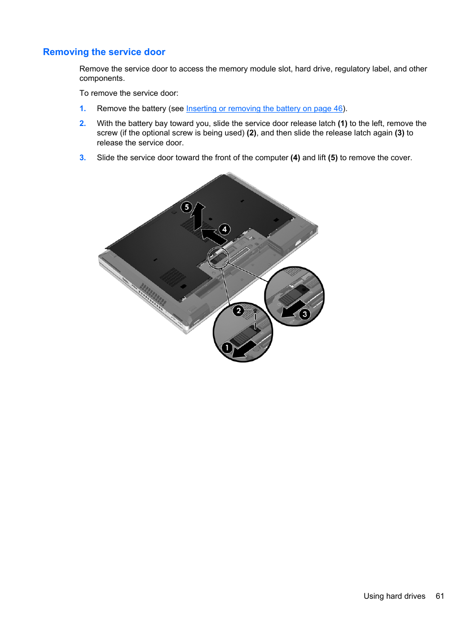 Removing the service door | HP EliteBook 8470p Notebook PC User Manual | Page 71 / 126