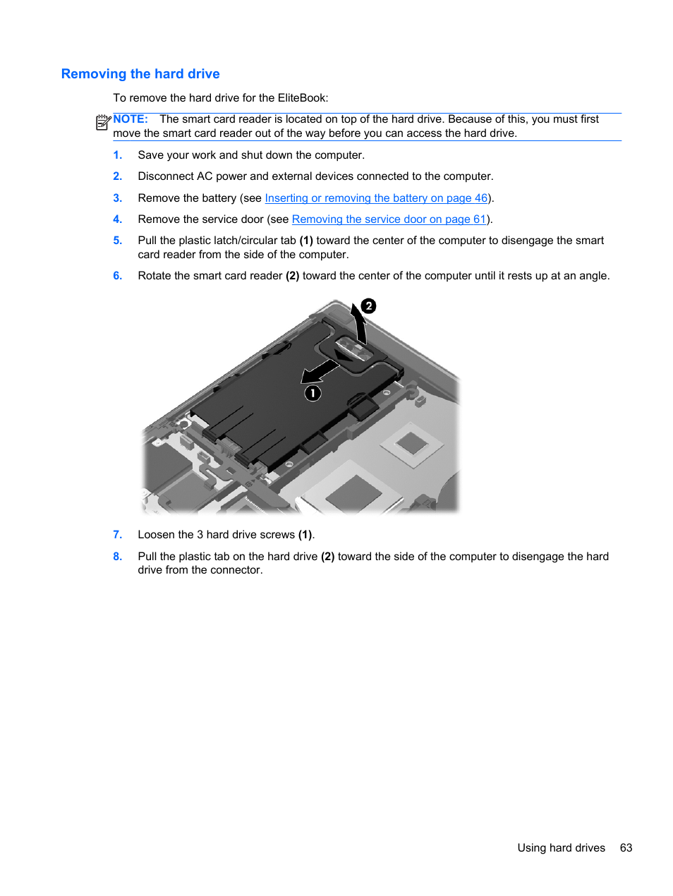 Removing the hard drive | HP EliteBook 8470p Notebook PC User Manual | Page 73 / 126