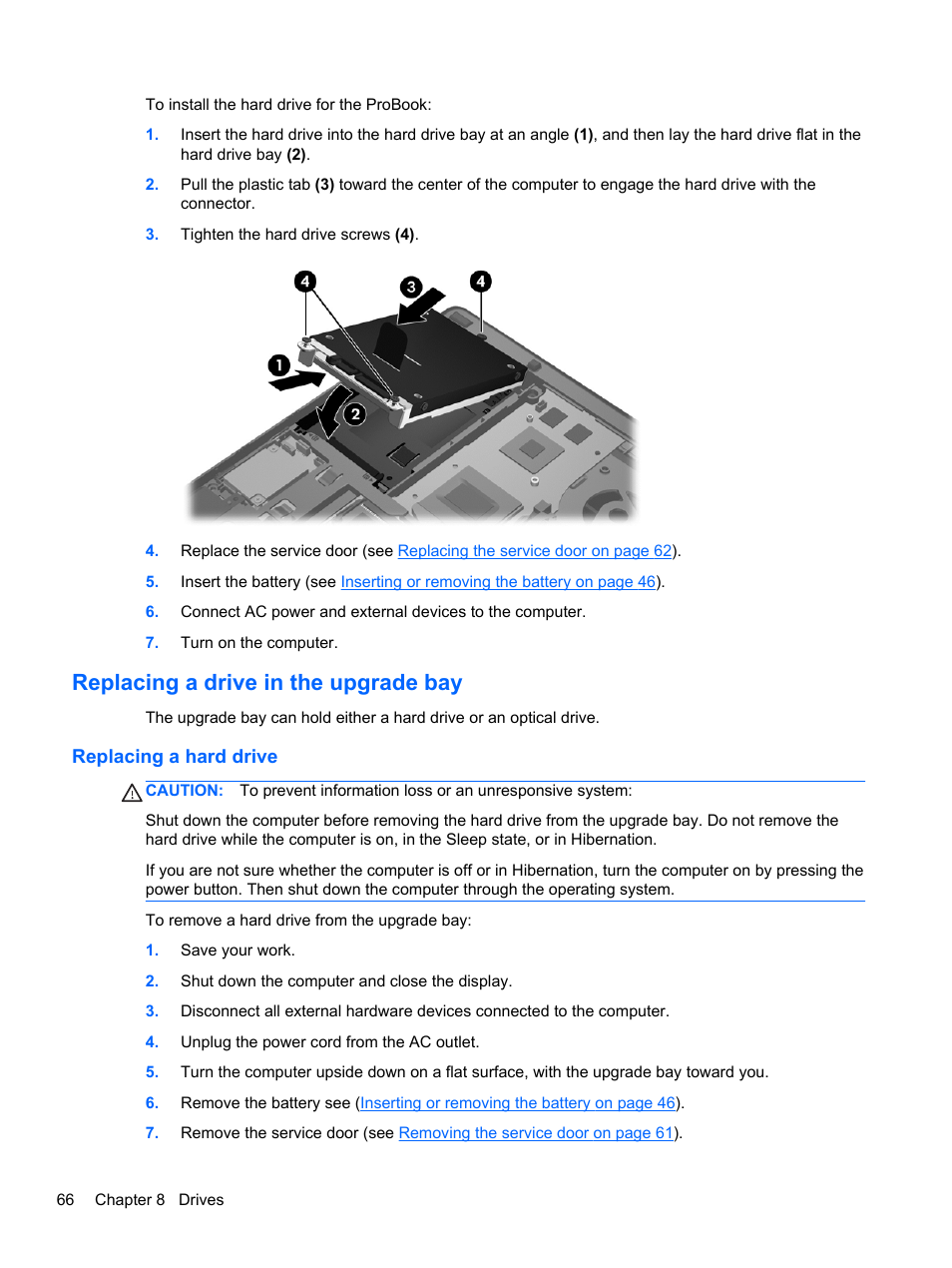 Replacing a drive in the upgrade bay, Replacing a hard drive | HP EliteBook 8470p Notebook PC User Manual | Page 76 / 126