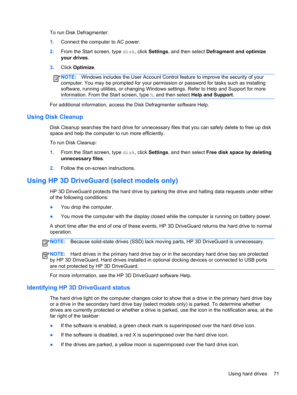 Using disk cleanup, Using hp 3d driveguard (select models only), Identifying hp 3d driveguard status | HP EliteBook 8470p Notebook PC User Manual | Page 81 / 126