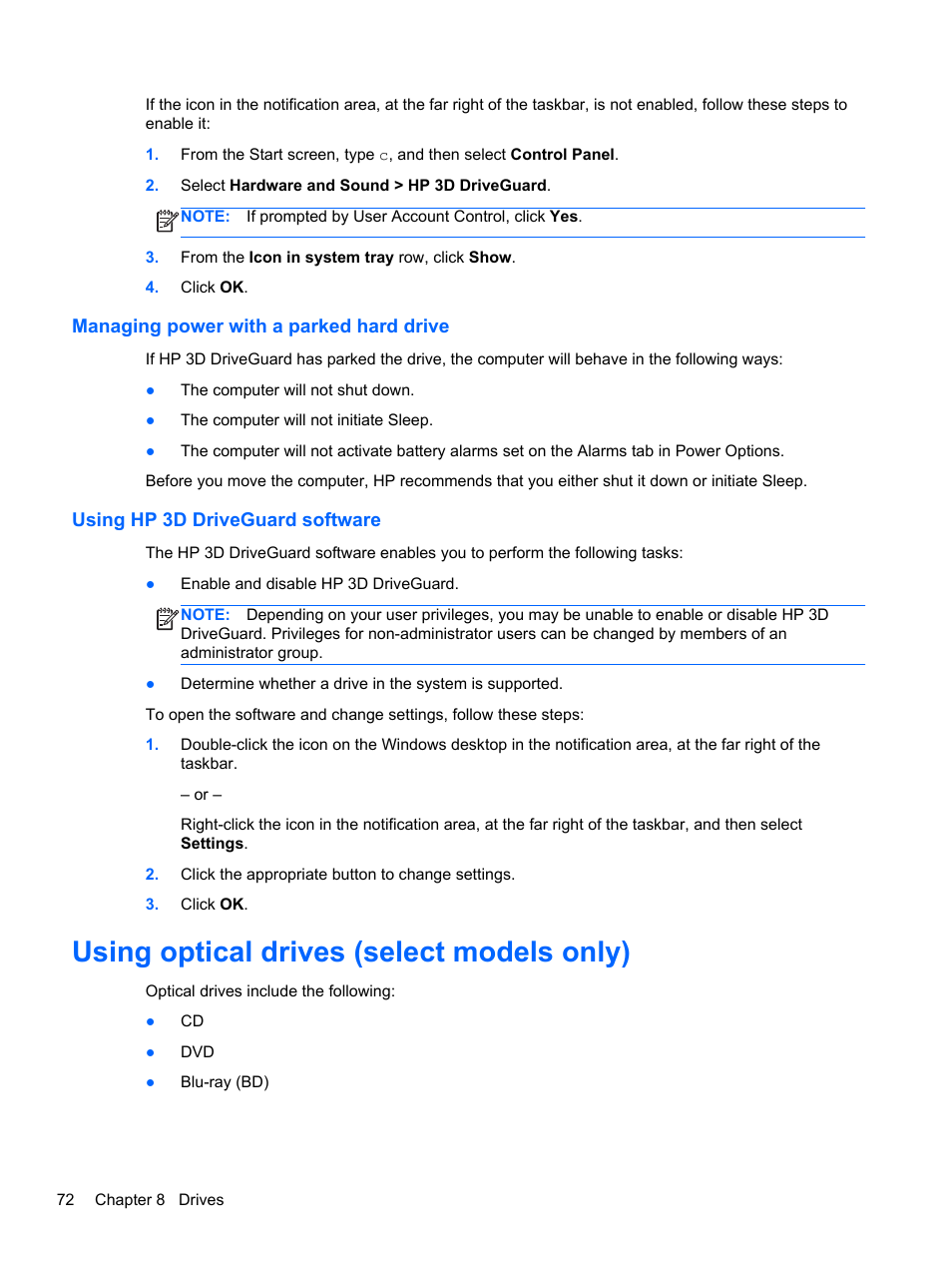 Managing power with a parked hard drive, Using hp 3d driveguard software, Using optical drives (select models only) | HP EliteBook 8470p Notebook PC User Manual | Page 82 / 126