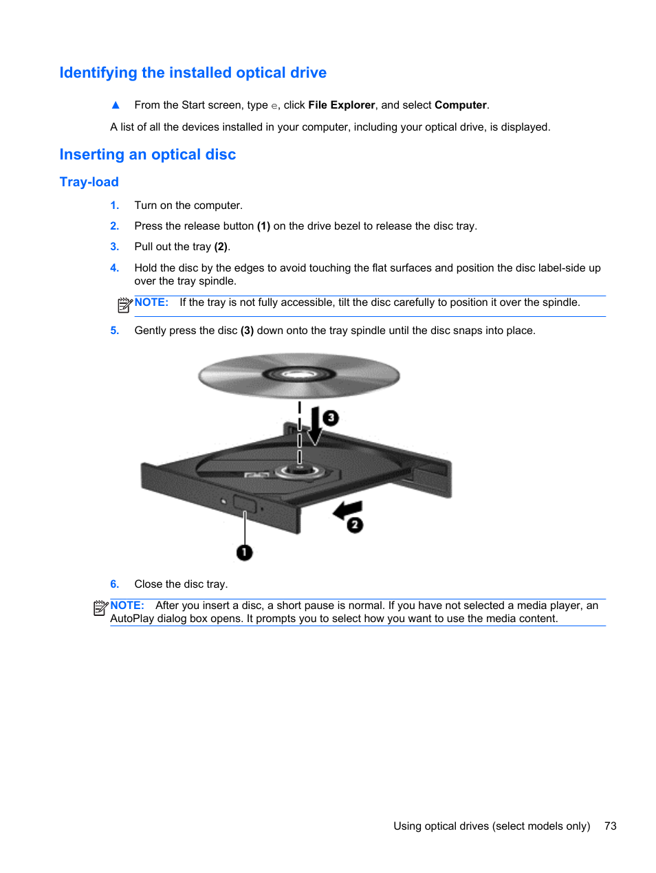 Identifying the installed optical drive, Inserting an optical disc, Tray-load | HP EliteBook 8470p Notebook PC User Manual | Page 83 / 126