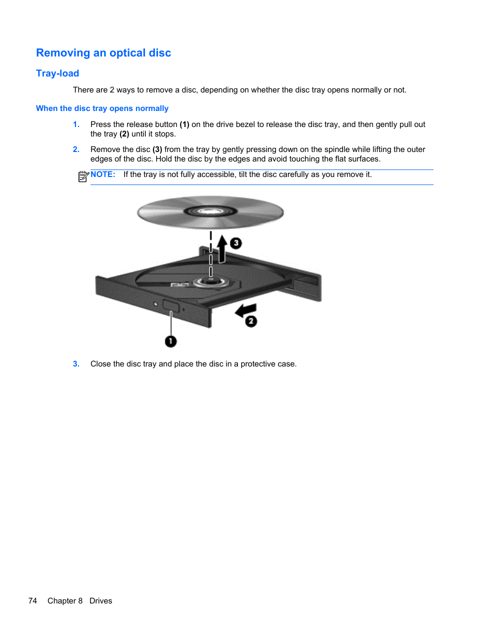 Removing an optical disc, Tray-load, When the disc tray opens normally | HP EliteBook 8470p Notebook PC User Manual | Page 84 / 126