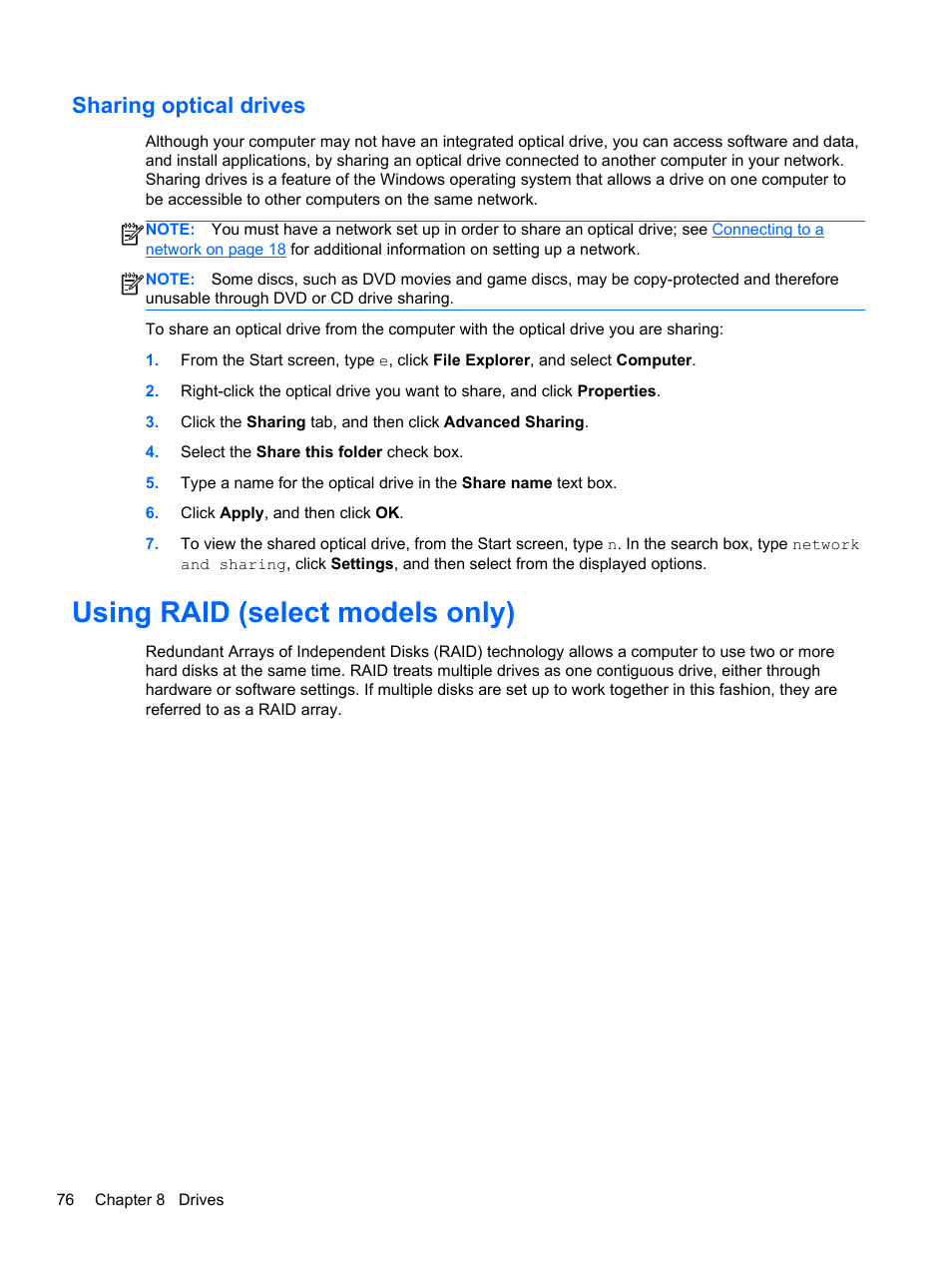 Sharing optical drives, Using raid (select models only) | HP EliteBook 8470p Notebook PC User Manual | Page 86 / 126