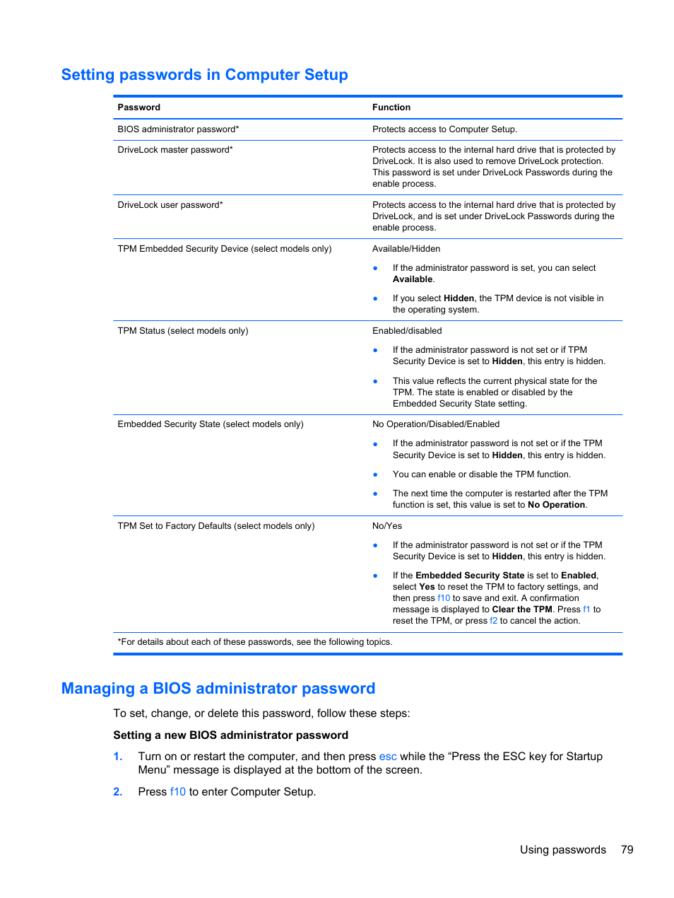 Setting passwords in computer setup, Managing a bios administrator password | HP EliteBook 8470p Notebook PC User Manual | Page 89 / 126
