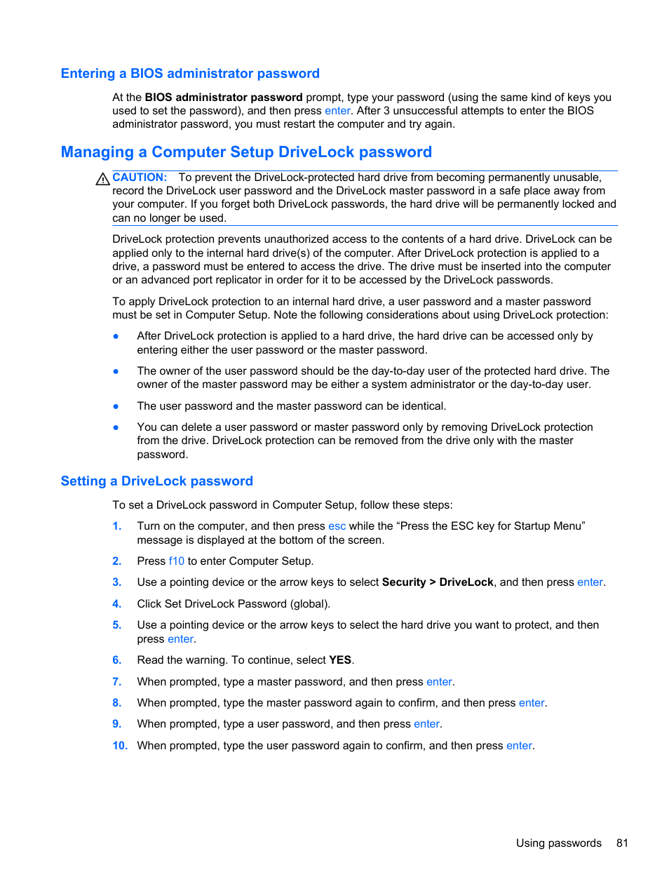 Entering a bios administrator password, Managing a computer setup drivelock password, Setting a drivelock password | HP EliteBook 8470p Notebook PC User Manual | Page 91 / 126