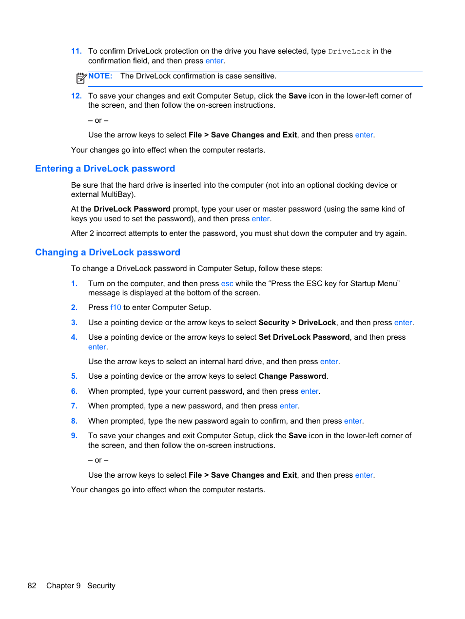 Entering a drivelock password, Changing a drivelock password | HP EliteBook 8470p Notebook PC User Manual | Page 92 / 126