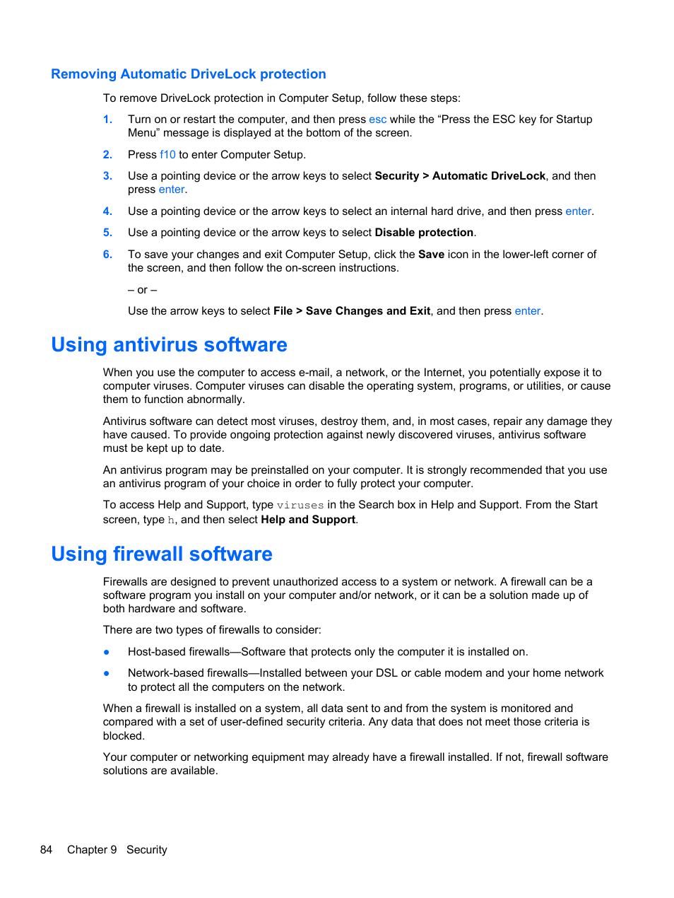 Removing automatic drivelock protection, Using antivirus software, Using firewall software | Using antivirus software using firewall software | HP EliteBook 8470p Notebook PC User Manual | Page 94 / 126