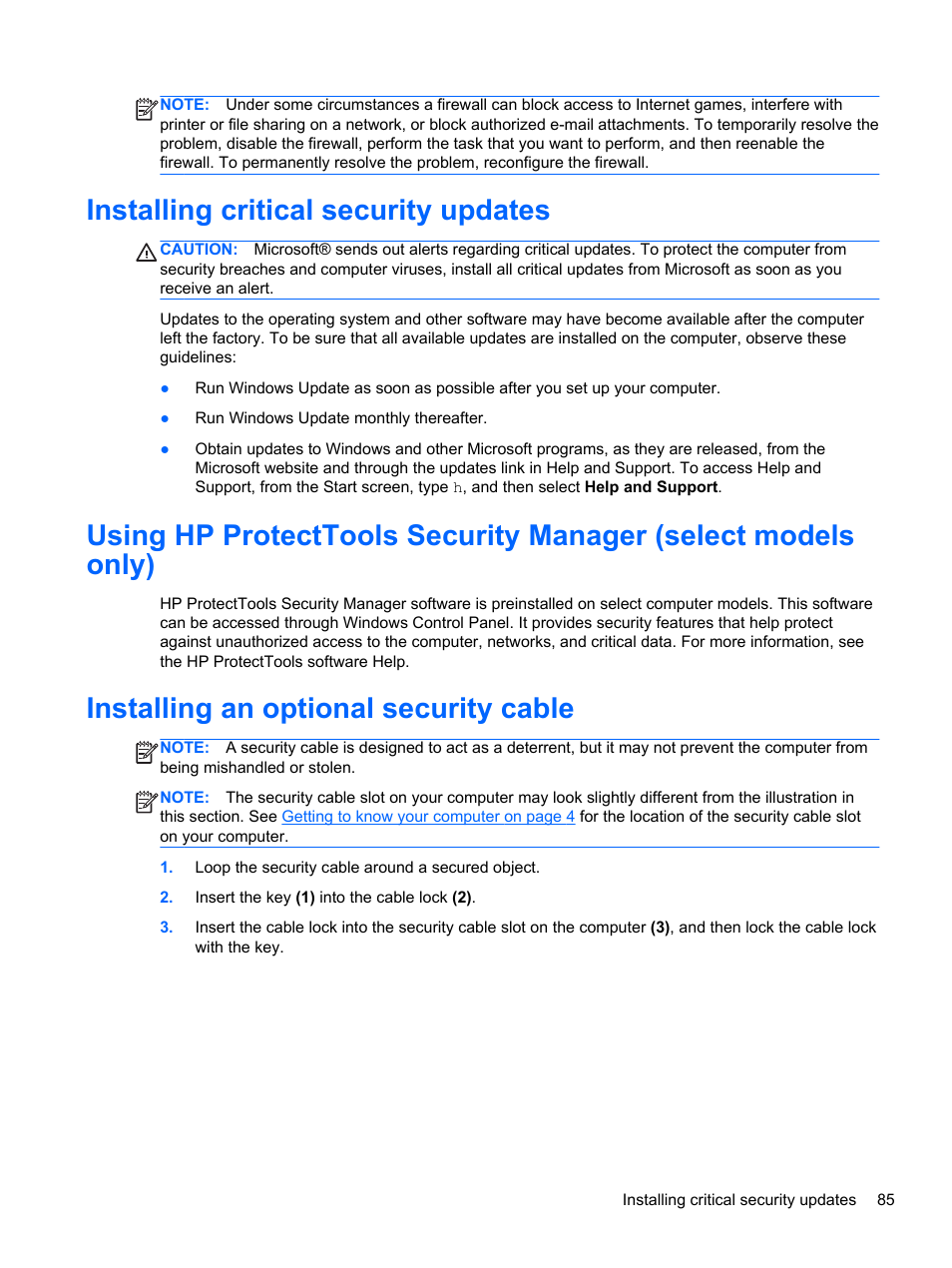 Installing critical security updates, Installing an optional security cable | HP EliteBook 8470p Notebook PC User Manual | Page 95 / 126