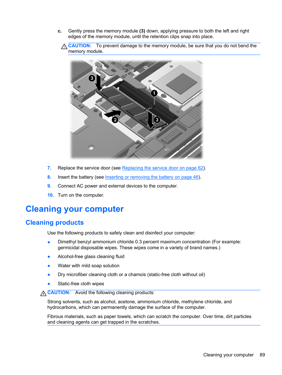 Cleaning your computer, Cleaning products | HP EliteBook 8470p Notebook PC User Manual | Page 99 / 126