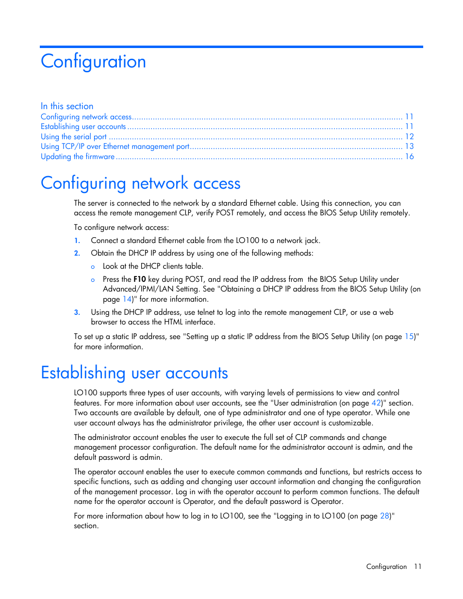 Configuration, Configuring network access, Establishing user accounts | HP Lights-Out 100 Remote Management User Manual | Page 11 / 52