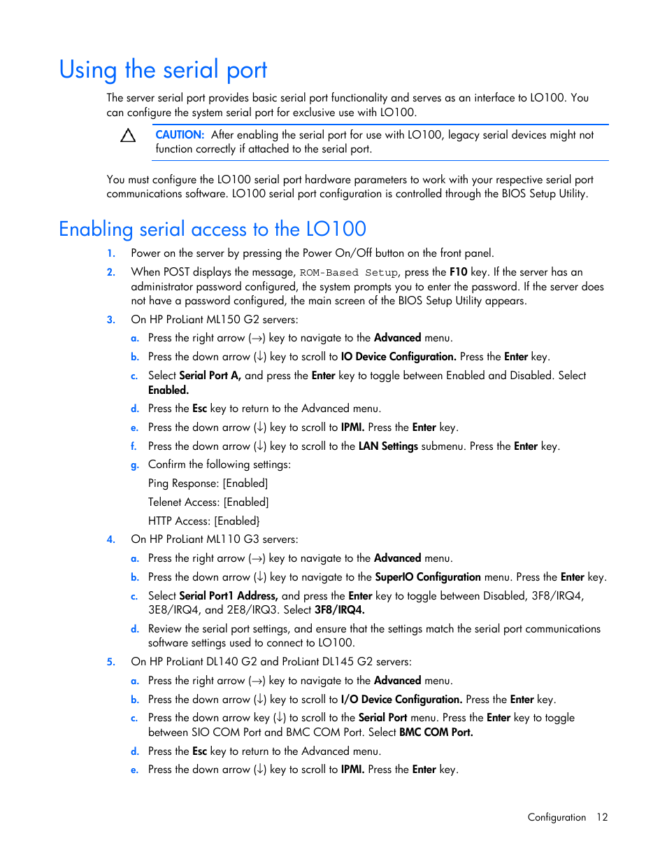 Using the serial port, Enabling serial access to the lo100 | HP Lights-Out 100 Remote Management User Manual | Page 12 / 52