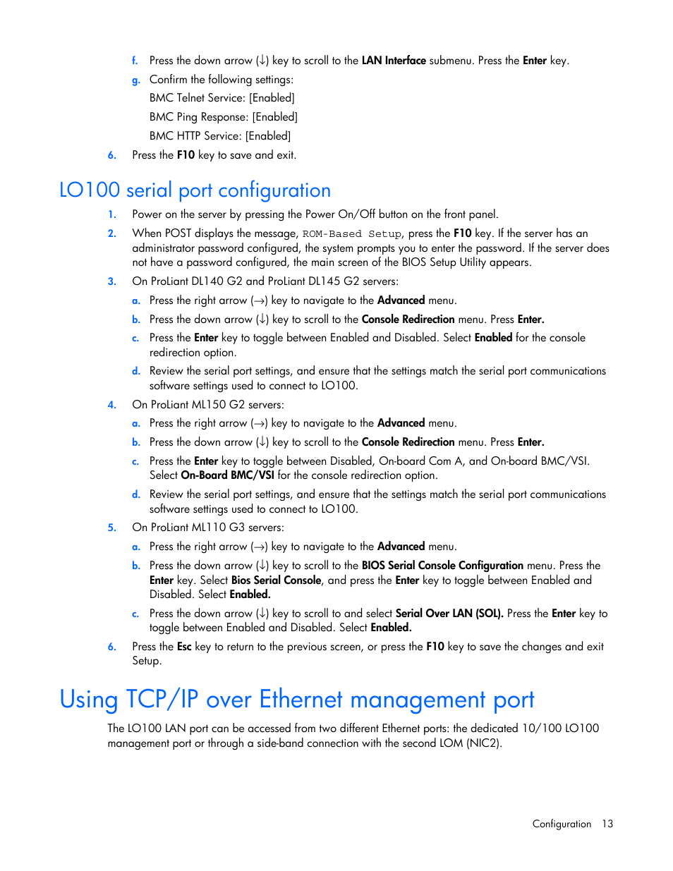 Lo100 serial port configuration, Using tcp/ip over ethernet management port | HP Lights-Out 100 Remote Management User Manual | Page 13 / 52