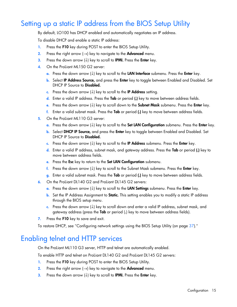 Enabling telnet and http services | HP Lights-Out 100 Remote Management User Manual | Page 15 / 52