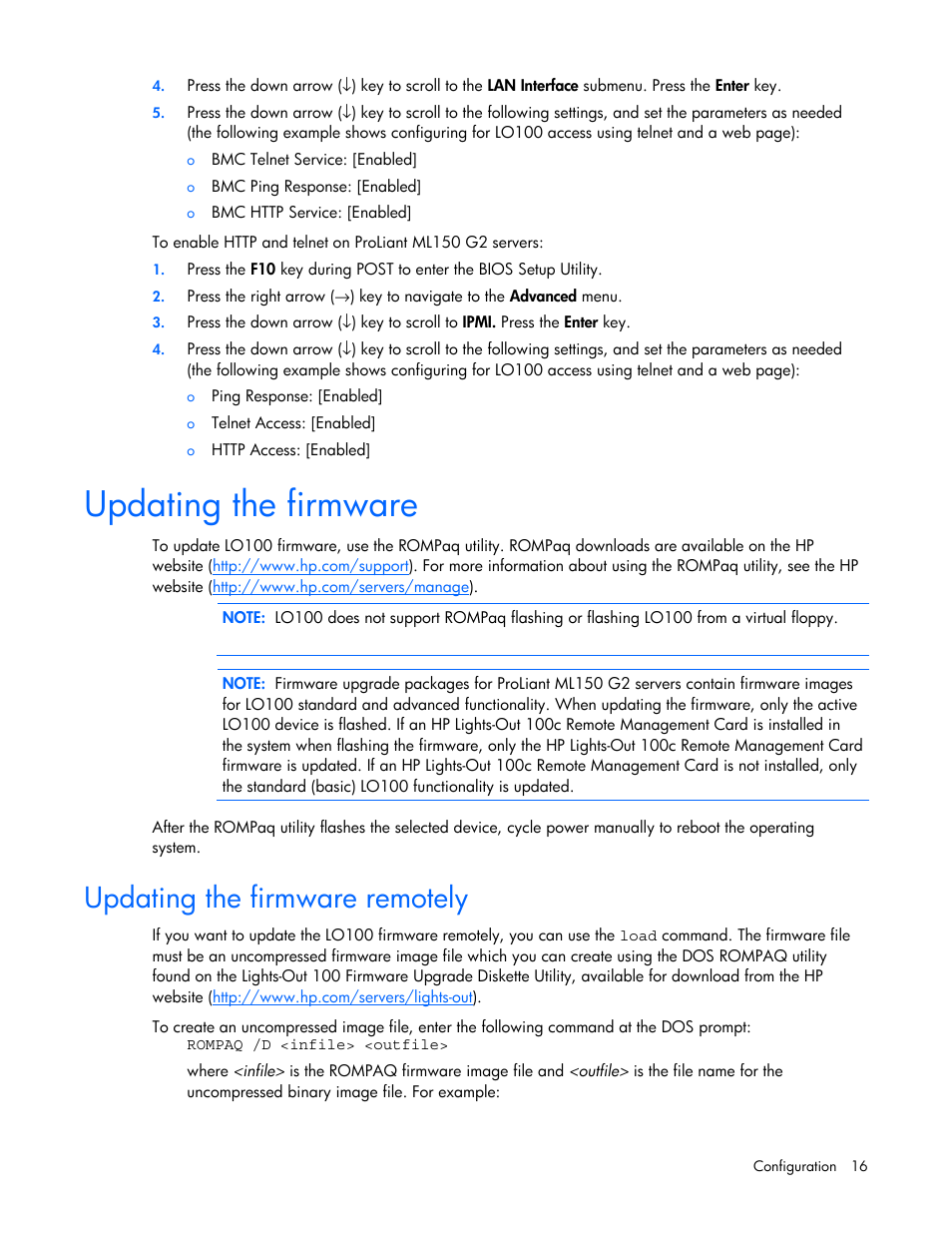 Updating the firmware, Updating the firmware remotely | HP Lights-Out 100 Remote Management User Manual | Page 16 / 52