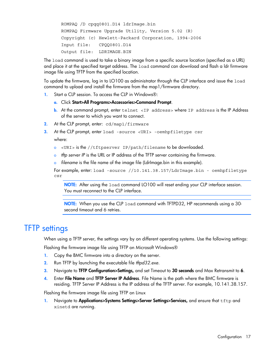 Tftp settings | HP Lights-Out 100 Remote Management User Manual | Page 17 / 52