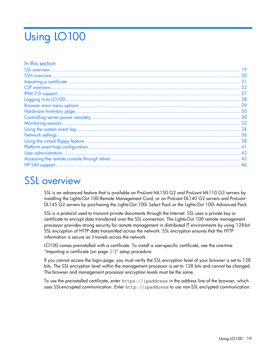 Using lo100, Ssl overview | HP Lights-Out 100 Remote Management User Manual | Page 19 / 52