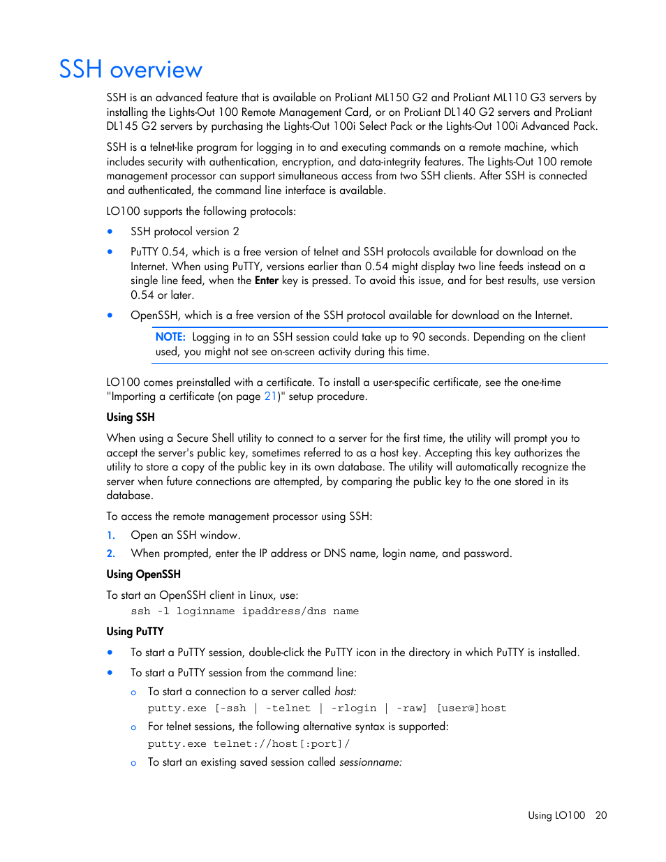 Ssh overview | HP Lights-Out 100 Remote Management User Manual | Page 20 / 52