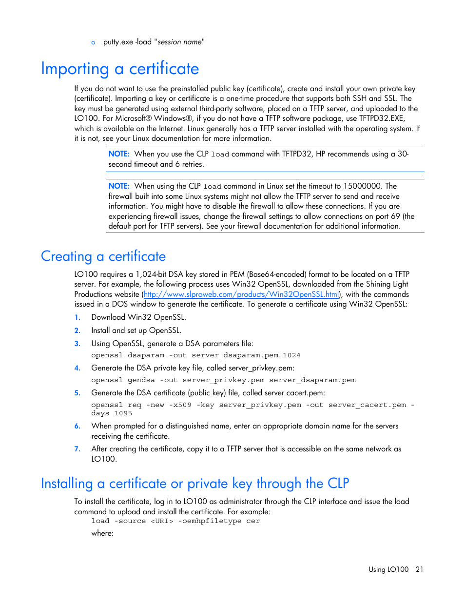 Importing a certificate, Creating a certificate, Setu | HP Lights-Out 100 Remote Management User Manual | Page 21 / 52