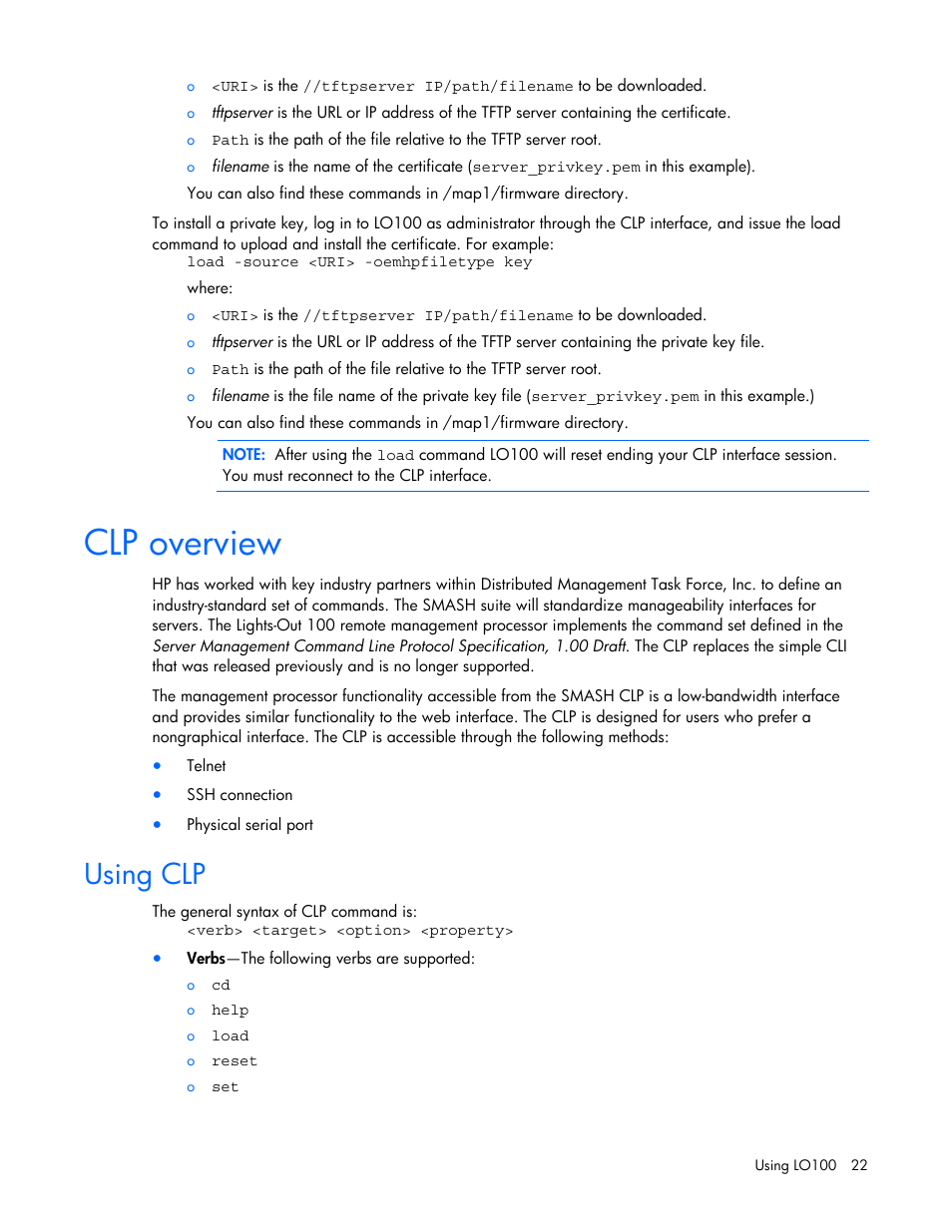 Clp overview, Using clp | HP Lights-Out 100 Remote Management User Manual | Page 22 / 52